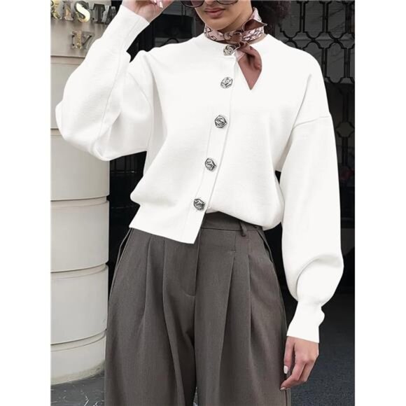 Button-Up Cardigan – Lantern Sleeve Knit Crew Neck Sweater Jacket (Fall Trendy) - Picture 3 of 5